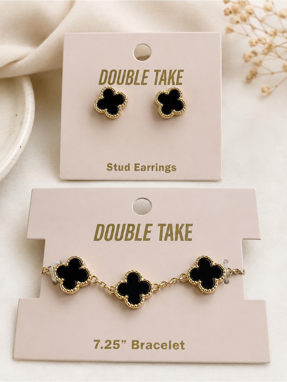 Double Take Black Clover Jewelry Set – Bracelet + Stud Earrings